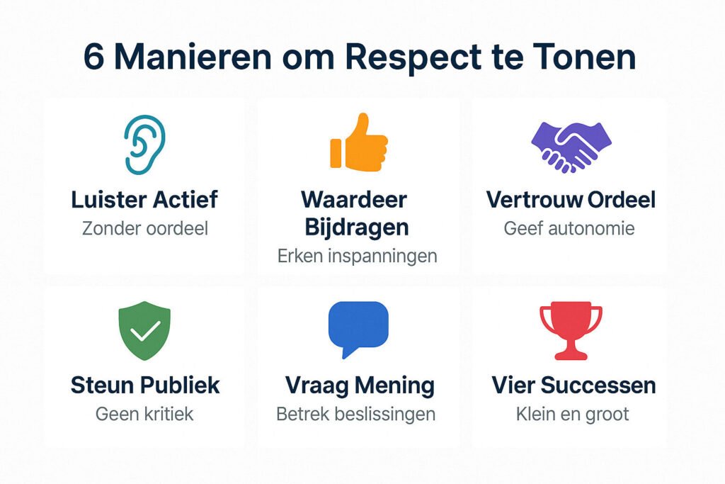 Infographic somt 6 manieren op om Respect Boven Liefde te tonen, waaronder actief luisteren, bijdragen waarderen, oordeel vertrouwen, publieke steun, meningen vragen en successen vieren.