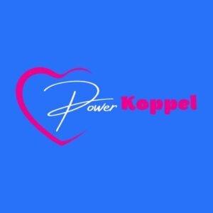 Power kopel-logo op een blauwe achtergrond.