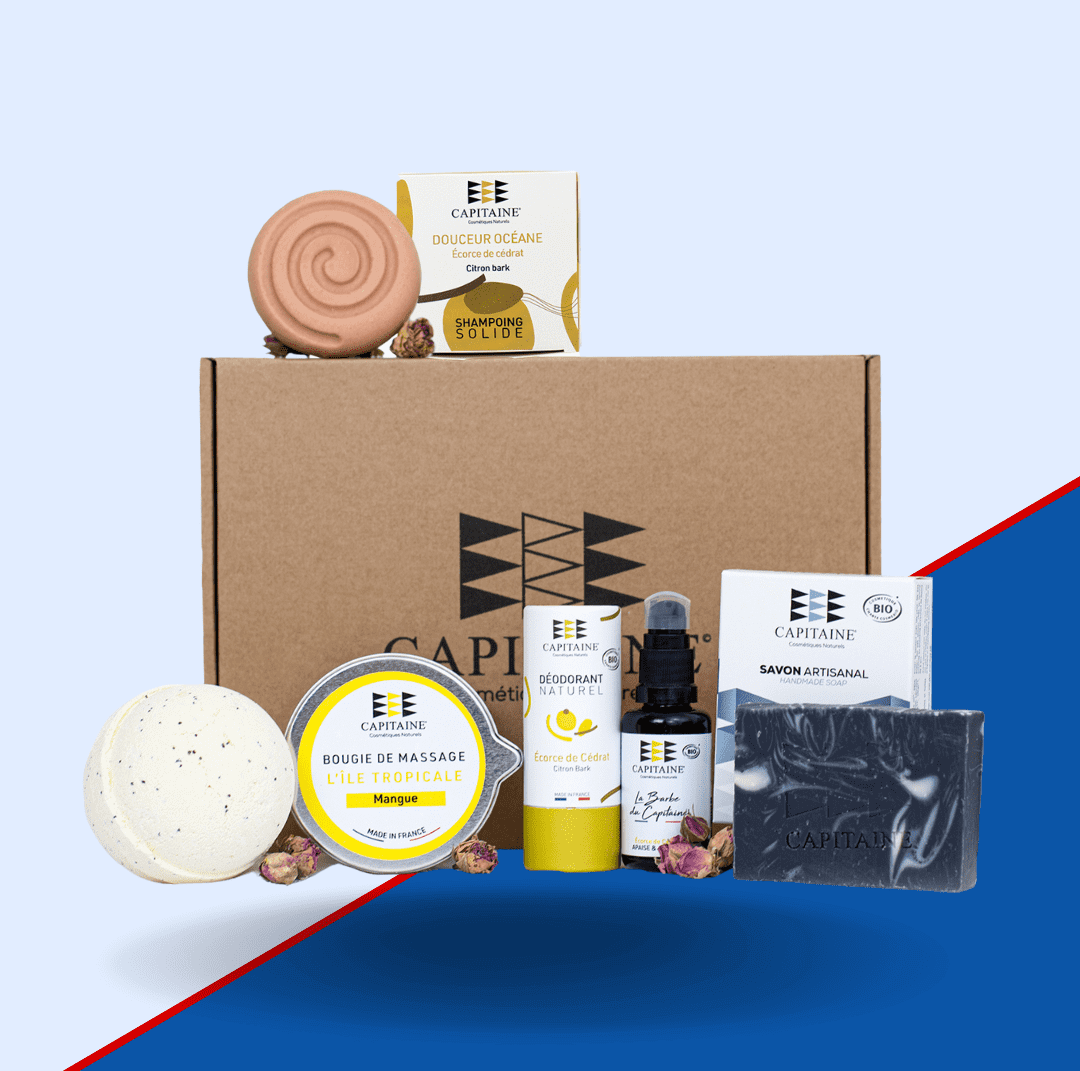 Een blauw-witte doos gevuld met diverse producten, perfect als Valentijnscadeau voor de man.