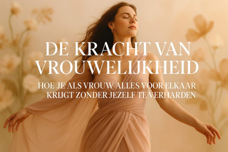 Een vrouw in een vloeiende bleke jurk staat met gesloten ogen en uitgestrekte armen; witte tekst in het Nederlands overlapt de afbeelding en reflecteert op de kracht van vrouwelijkheid.