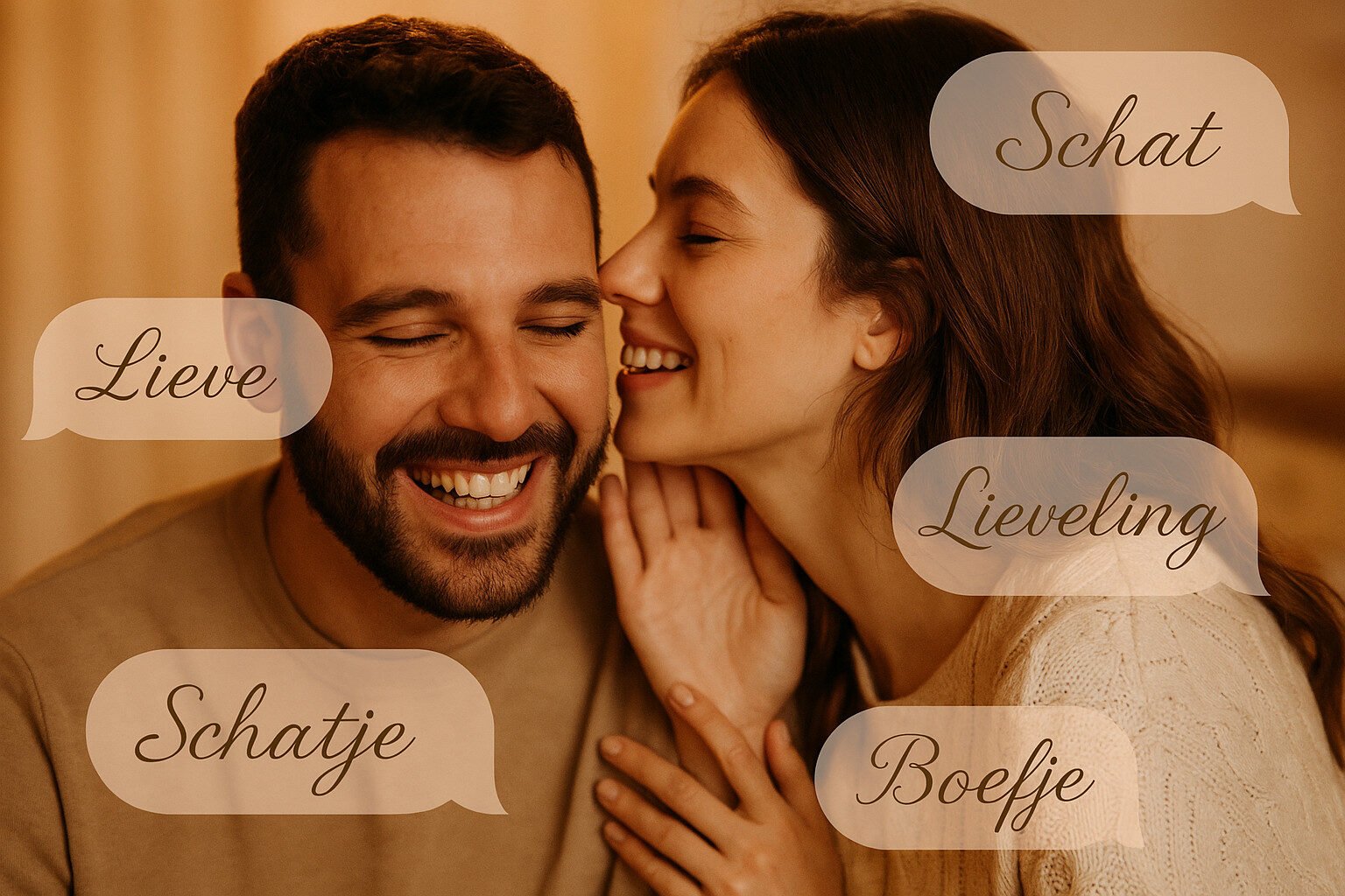 Een vrouw fluistert tegen een lachende man, omringd door tekstballonnen met Nederlandse koosnaampjes: Schat, Lieve, Lieveling, Schatje en Boefje.