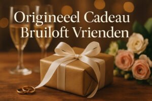 Een gouden geschenkdoos met een wit lint, twee gouden trouwringen, champagneglazen en een boeket rozen, met Nederlandse tekst over een uniek huwelijkscadeau voor vrienden.