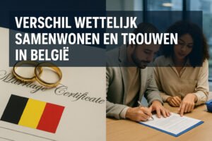 Een koppel zit aan een bureau documenten te ondertekenen, met een huwelijksakte, twee trouwringen en een Belgische vlag op de voorgrond. De tekst verkent het verschil wettelijk samenwonen en trouwen in België.