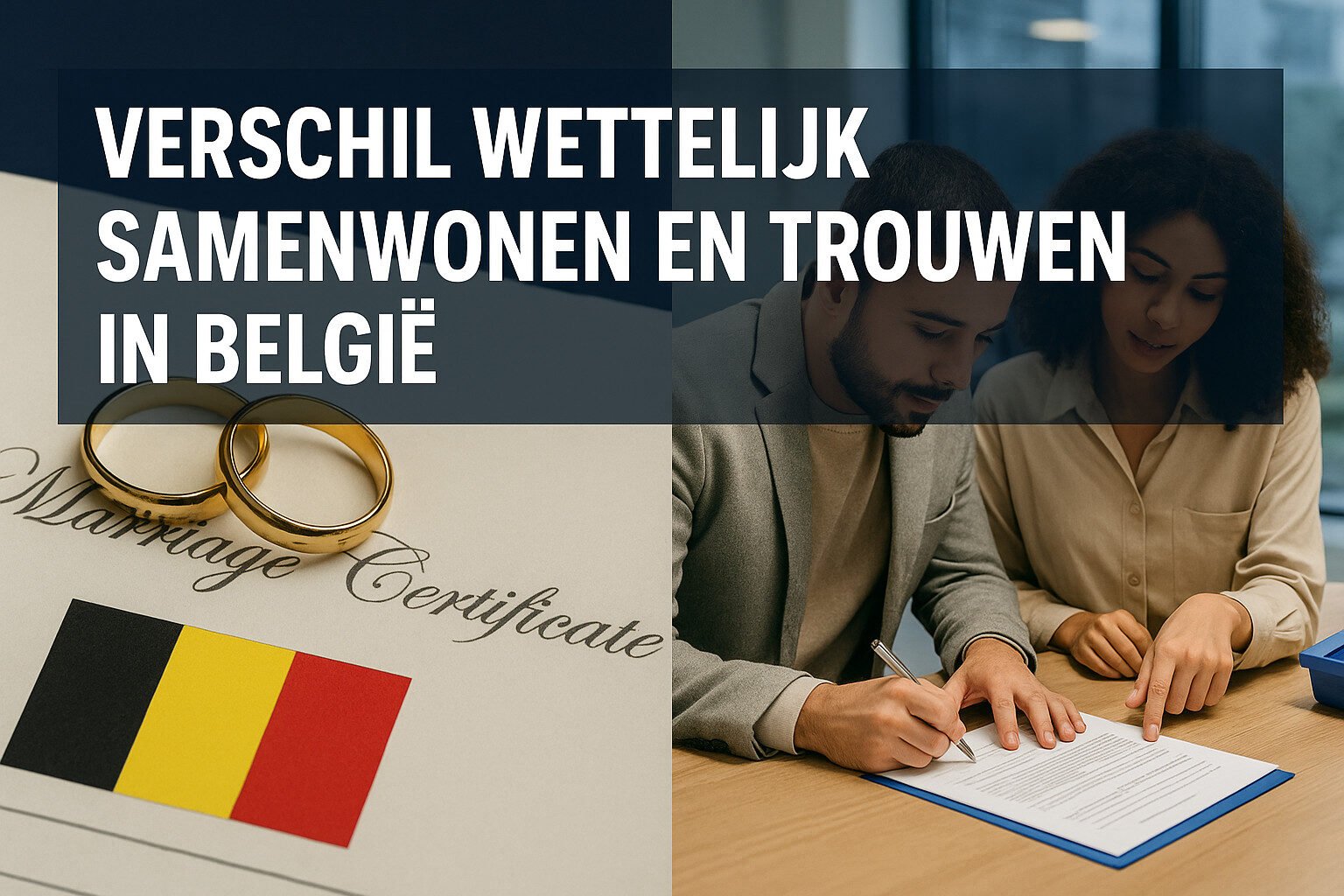 Een koppel zit aan een bureau documenten te ondertekenen, met een huwelijksakte, twee trouwringen en een Belgische vlag op de voorgrond. De tekst verkent het verschil wettelijk samenwonen en trouwen in België.