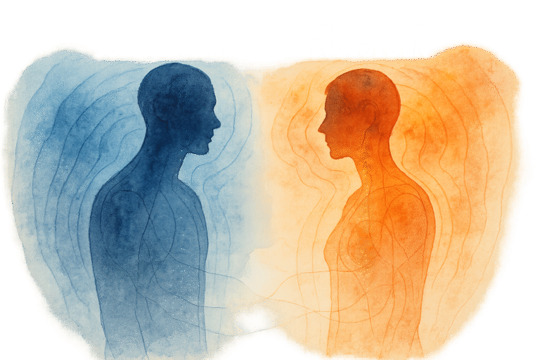 Aquarel illustratie van twee menselijke figuren tegenover elkaar, een in blauwe tinten en een in oranje, met lijnen die hen verbinden, wat een verbinding of interactie suggereert.