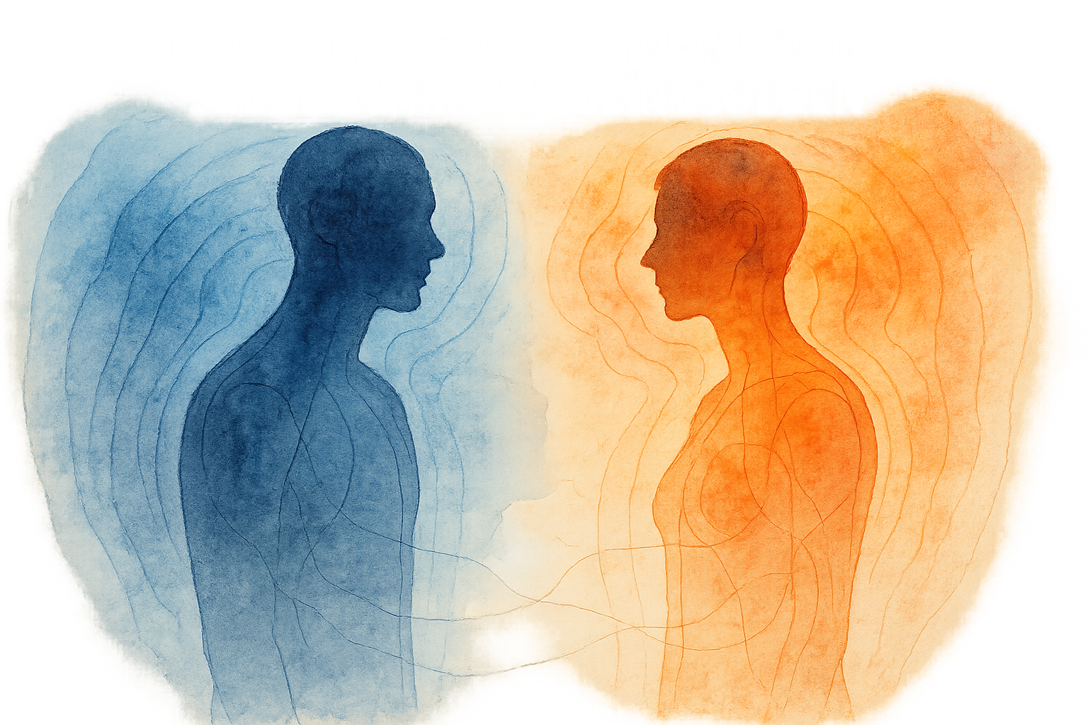 Aquarel illustratie van twee menselijke figuren tegenover elkaar, een in blauwe tinten en een in oranje, met lijnen die hen verbinden, wat een verbinding of interactie suggereert.