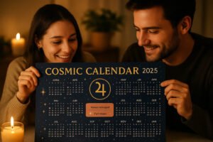 Liefde 2 Twee mensen glimlachen terwijl ze een kosmische kalender uit 2025 vasthouden, met planetaire en maansgebeurtenissen. Een brandende kaars en een plant zijn zichtbaar in de zacht verlichte achtergrond.