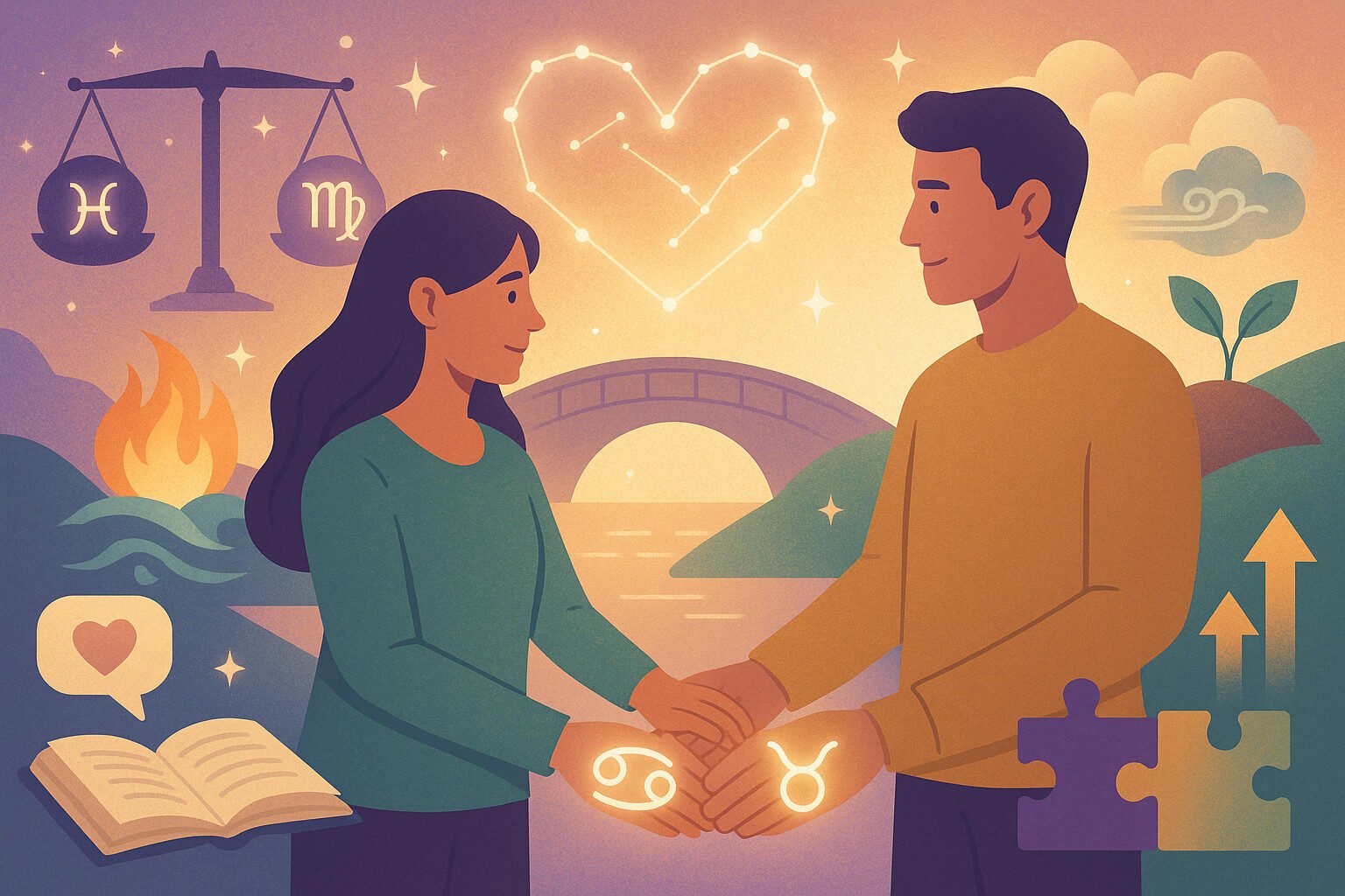 Een man en vrouw staan hand in hand bij een rivier bij zonsondergang, omringd door symbolen van de dierenriem, relaties en de natuur, waaronder de tekens Vissen, Maagd, Kreeft en Stier.